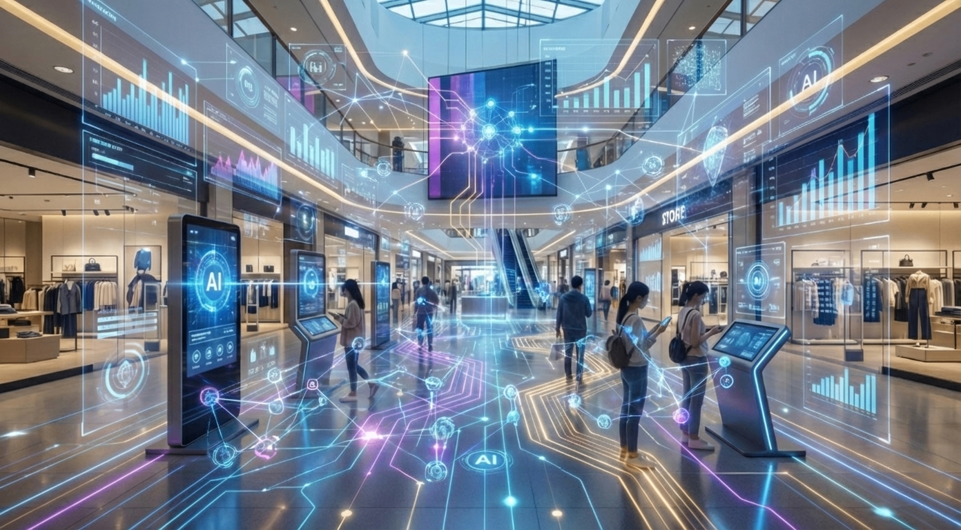AI personalized shopping mall marketing with digital notifications showing promotions and deals