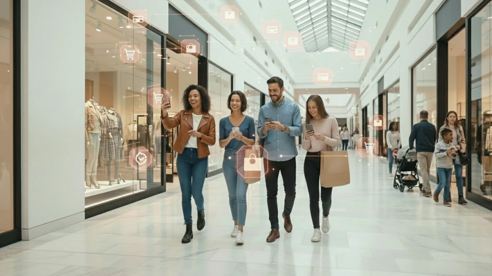 Nakupujúci používajúci digitálne technológie v modernom nákupnom centre