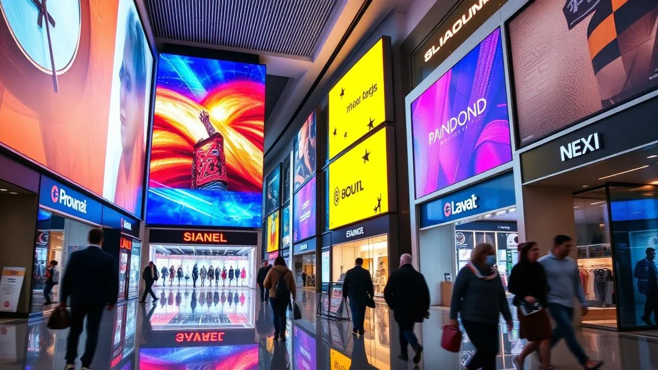 Interior de un centro comercial con grandes pantallas publicitarias digitales, pantallas de marcas iluminadas y clientes caminando frente a escaparates brillantes