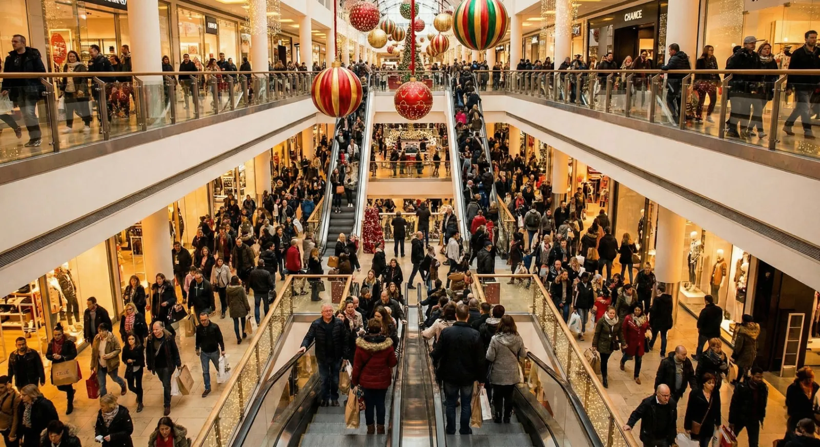 Shopping mall during the Christmas season showcasing seasonal marketing campaigns and holiday decorations