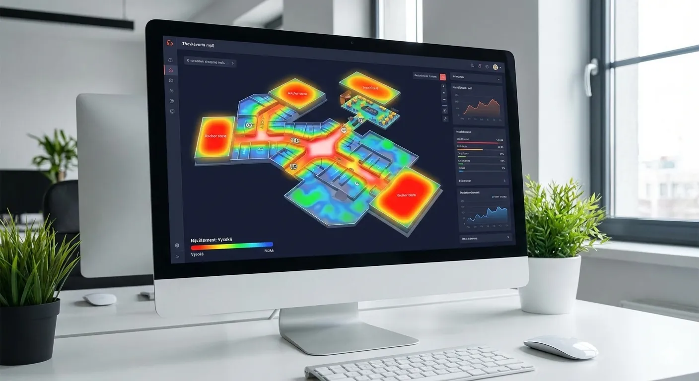 Mall wayfinding software heatmap analytics dashboard showing visitor movement patterns in a shopping center